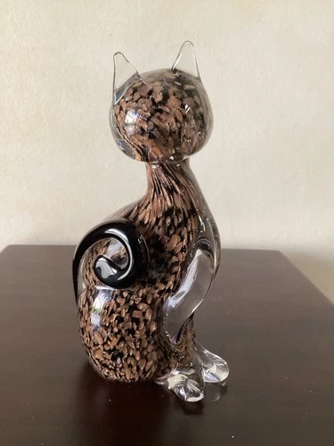Vintage Italian  Murano Art Glass Black And Gold Flecked Cat Figurine MCM