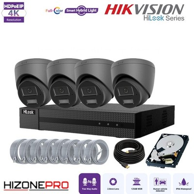 HIKVISION HiLook 8 MP IP Kamera schwarz 2-Wege Audio mit 4-Kanal NVR CCTV Kit POE 4K