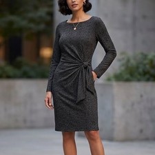 Talbots Womens Black White Micro Pattern Side Tie Sheath Dress Size 10 Long Slv