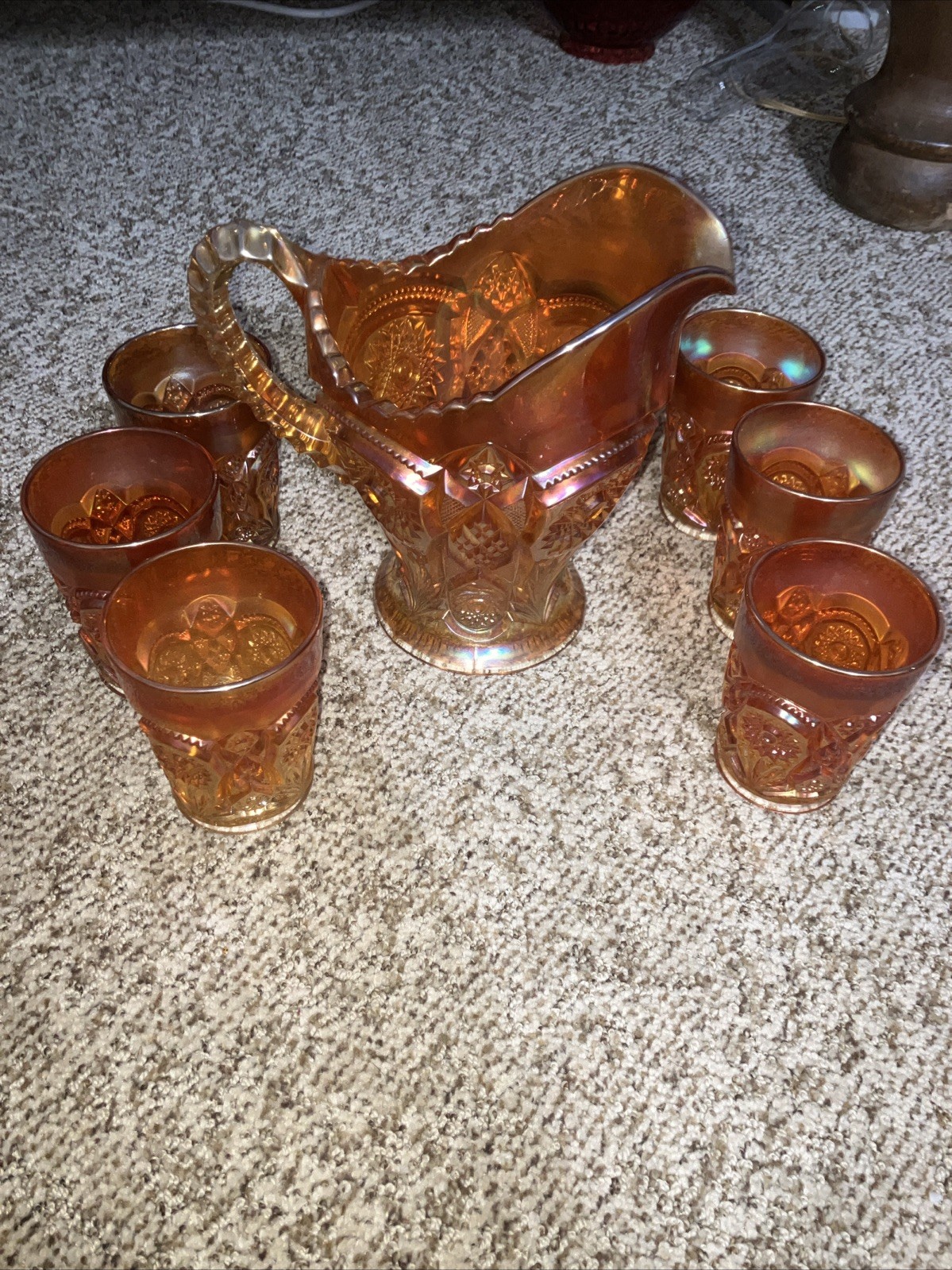 Carnival Glass  Imperial Marigold Water Set 6 Tumblers, 1 Pitcher