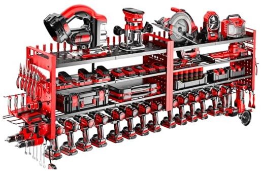 66-Inch Extra-Wide Red Wall Mount Power Tool Organizer with 4 Layers for 18 Drills