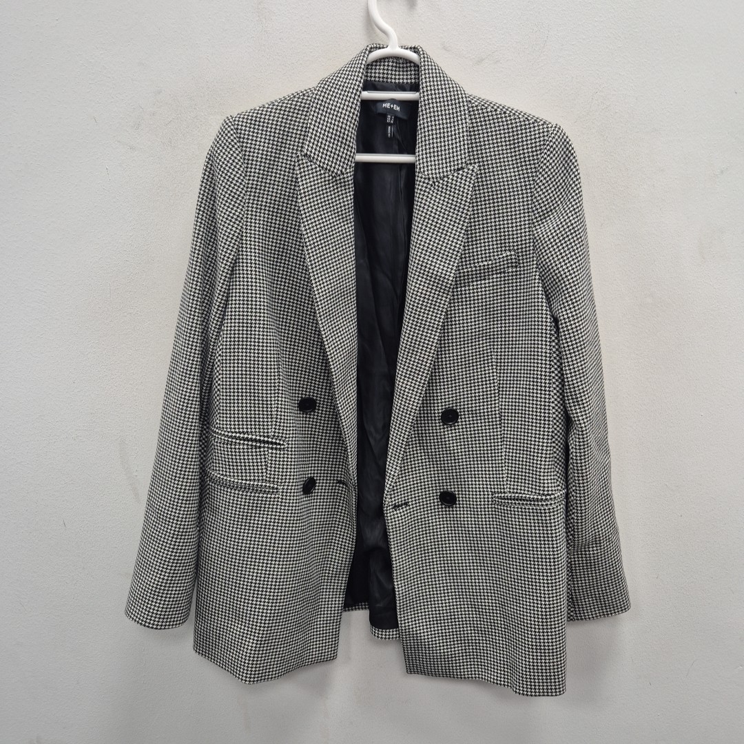 Me+em Black White Blue Houndstooth Double Breasted Wool Blazer