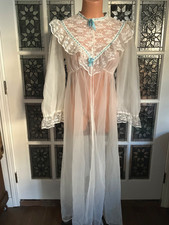Vintage Lisette Sheer Long Chiffon Peignoir Gown Bell Sleeve Lace Robe