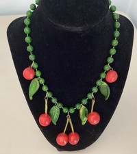 Vintage Bakelite Red Cherry Fruit and Leaves Choker Necklace 16?