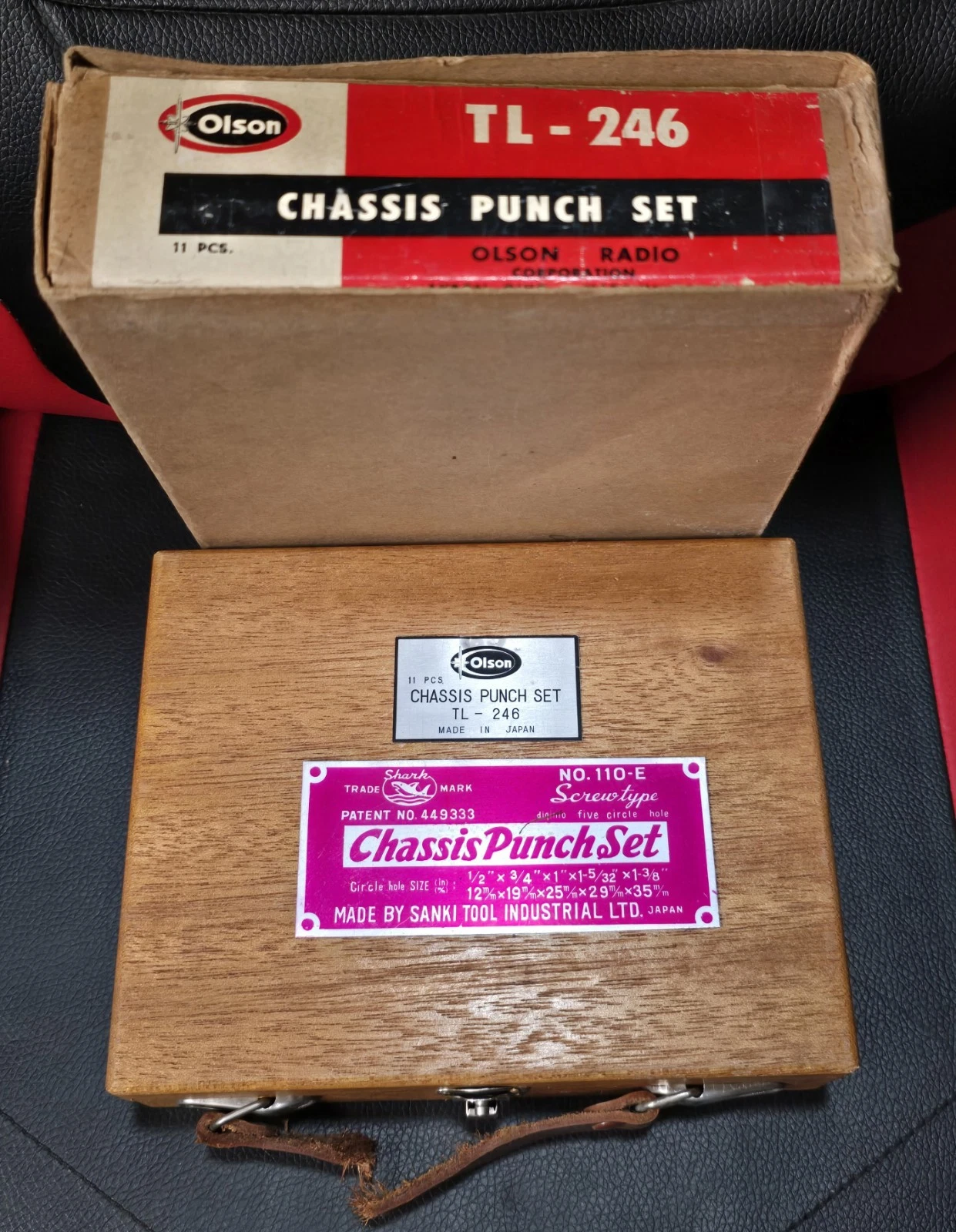 Vintage Olson TL-246 11pc Chassis Punch Set Japan Wood Case Orig Box Complete