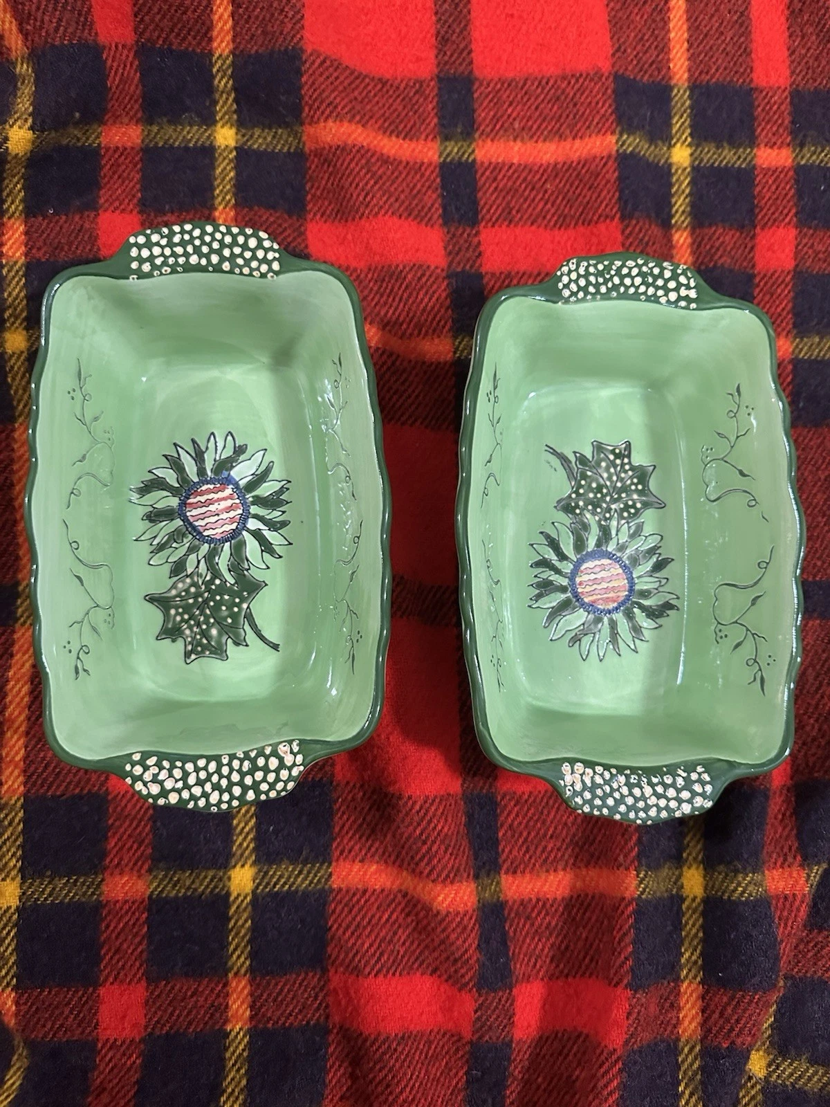 Lot Of 2 Green Stoneware Sunflower Blue Jean Chef Loaf Bakers 9” X 5” X 2.5”