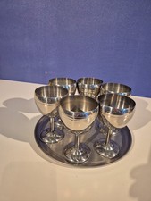6 Vintage Metal Goblets - Stainless Steel Wine Goblets - 1970s - 5” GC