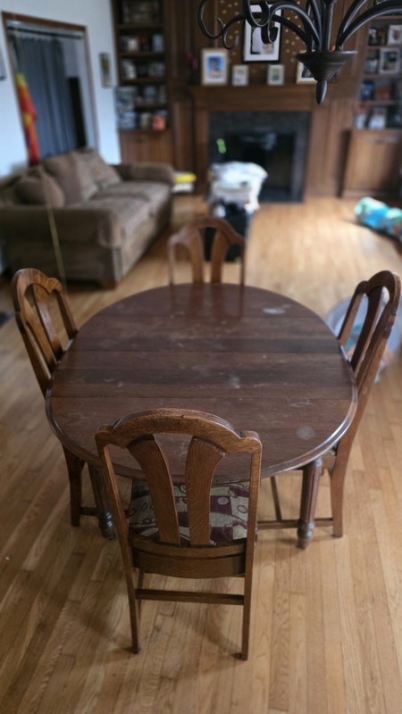 Antique Oval Wood Dining Set with Carvings, Dark Oak Finish, 5 Chairs