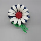 Vintage Enamel Flower Brooch Pin Red White Blue Daisy Retro Mod Costume Jewelry