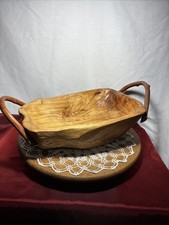 Large Hand Carved Wooden Bowl With Handles 4.25  Tall  Handle Height