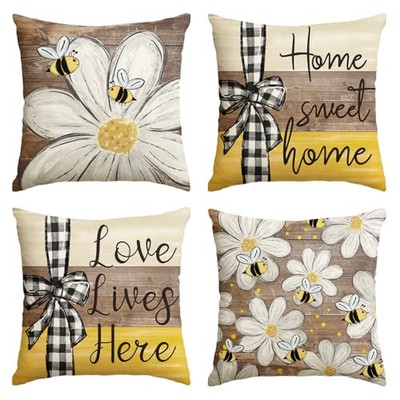  Home Sweet Home Bee Daisy Throw Pillow Covers, 18 x 18 Inch Love Lives Here 