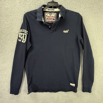 Superdry Polo Shirt Mens 2XL Blue Long Sleeve Superstate Rugby Japan Embroidered