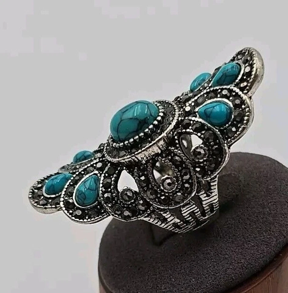 Anillo Simulado Turquesa y Ónix Negro Tono Plata Dedo Distintivo - Talla 10 Foto 2 de 4