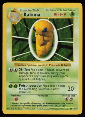 KAKUNA 33/102 UNCOMMON BASE SET SHADOWLESS POKEMON LP