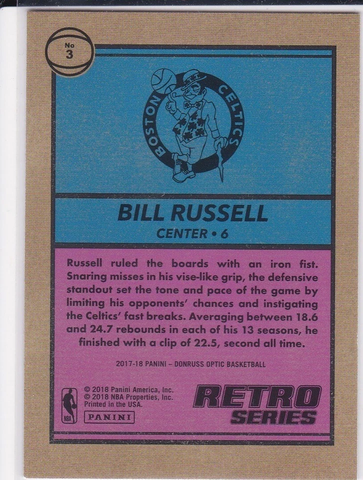 BILL RUSSELL Boston Celtics DONRUSS OPTIC RETRO SERIES Basketball Card LE! - Image 2 of 2