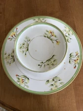 Hand Painted Nippon Cocktail Dish Green/Yellow Flowers Gold Porcelain Vintage