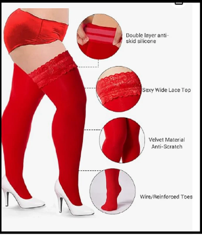 plus Size Thigh High Stockings Womens 55D Semi Sheer Silicone Lace Top Stay up L - Image 3 of 4