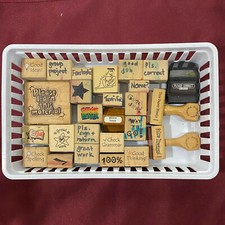 25 Piece Lot Of Teacher Mixed Rubber Stamps With Storage Tray