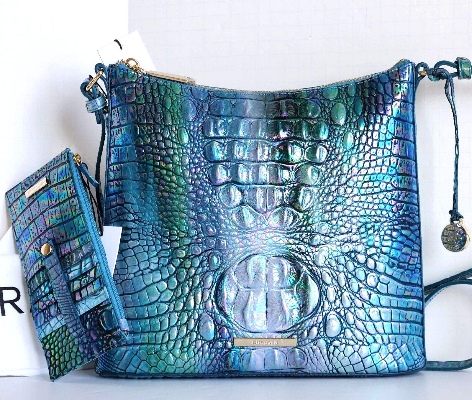 Brahmin Katie Blue Topaz Leather Crossbody Bag with Slim Wallet New With Tags