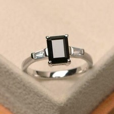 3ct Emerald Cut Black Diamond Engagement Ring 14k White Gold Plated Simulated