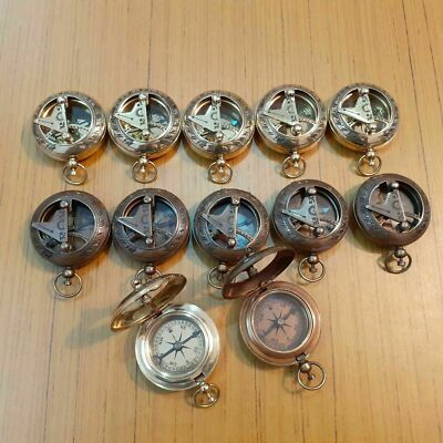 #ad Lot Of 12 Pieces Antique Brass Push Button Compass Antique Sundial Compass Gifts $89.51