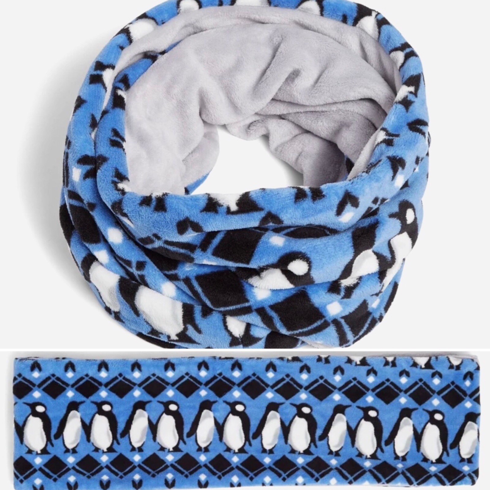 Vera Bradley Fleece Loop Scarf Infinity Playful PENGUINS INTARSIA Blue