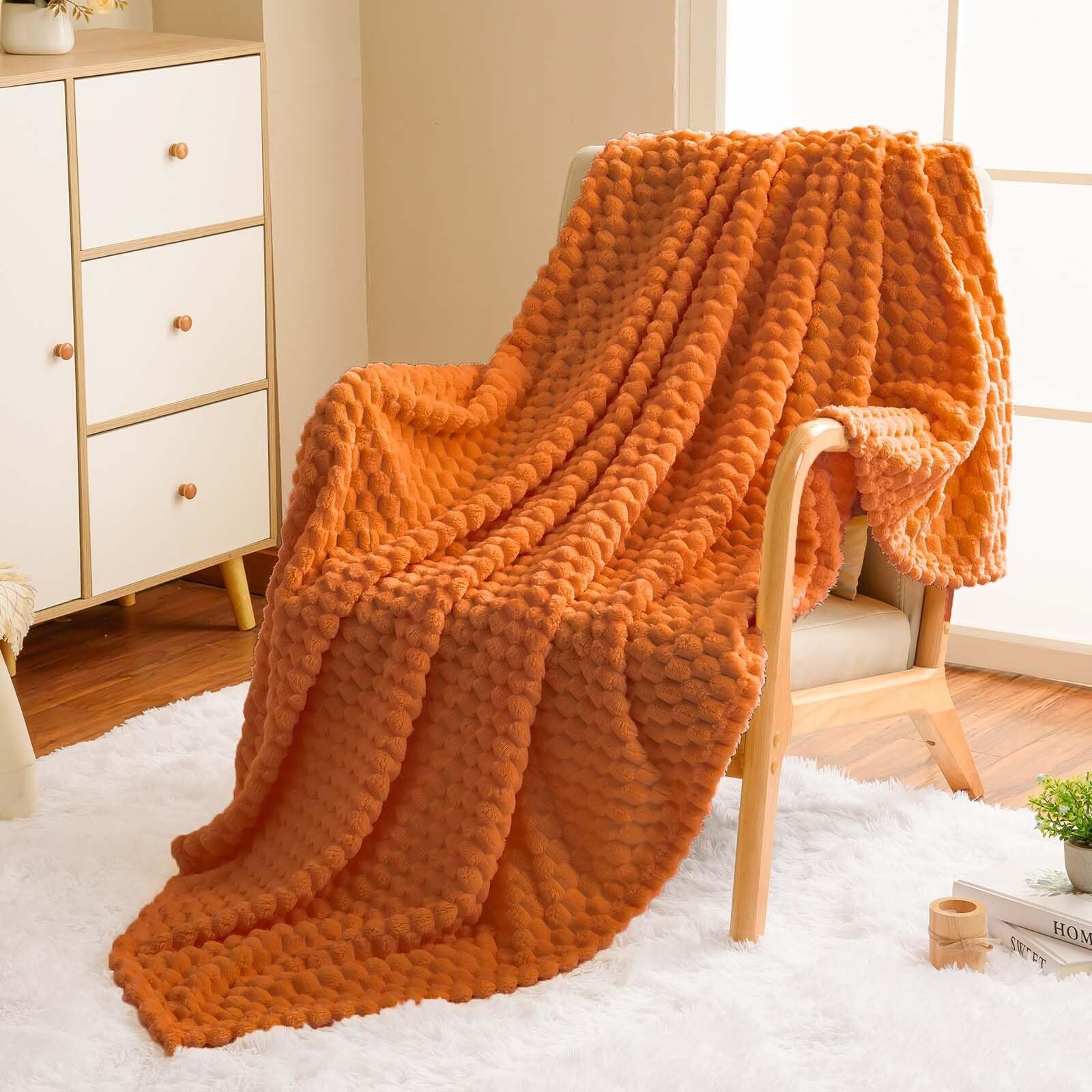 Vessia Flannel Fleece Twin Size Blanket(60x80 inch), 3D Jacquard Burnt Orange...