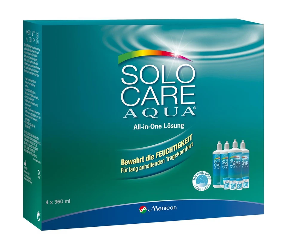 SOLO CARE AQUA® - Aufbewahrungslösung für weiche Kontaktlinsen - 4x 360 ml - NEU - Bild 1 von 1