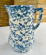 Gorgeous Rare Antique Blue & White Sponge Decorated Ohio Stoneware Pitcher
