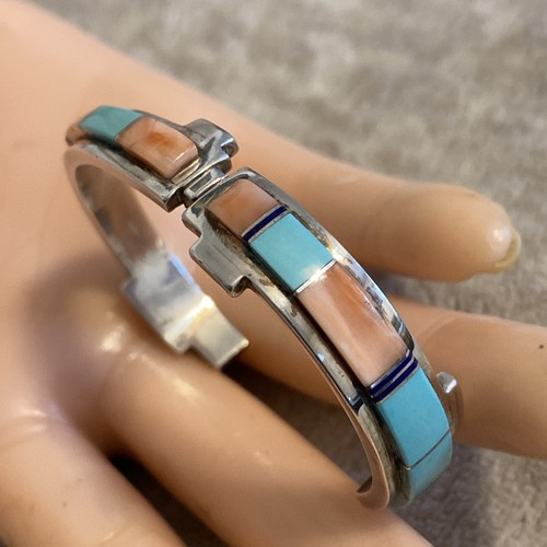 ZUNI DURAN GASPER STERLING SILVER CUFF BRACELET W/LAPIS, CORAL & TURQUOISE INLAY - Picture 23 of 24