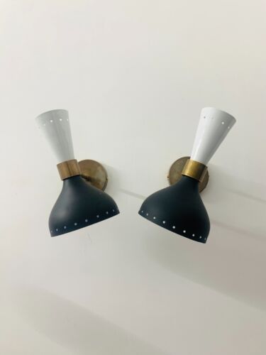 Mid Century Wall Sconce, Italian Diabolo Sconce Pair, White and Black Wall Light - Picture 1 of 7