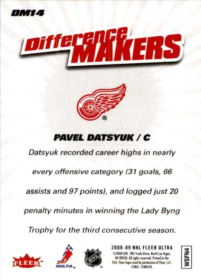2008-09 Fleer Ultra Difference Makers Pavel Datsyuk #DM14 - Image 2 of 2