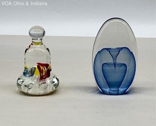 Art Glass Paperweight 2 Piece Set Glass Eye Studio Blue Egg & Floral Bell 90s