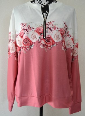 Damen Pullover strick Oberteil stretch mir Halb-Reißverschluss weiß/rosa L