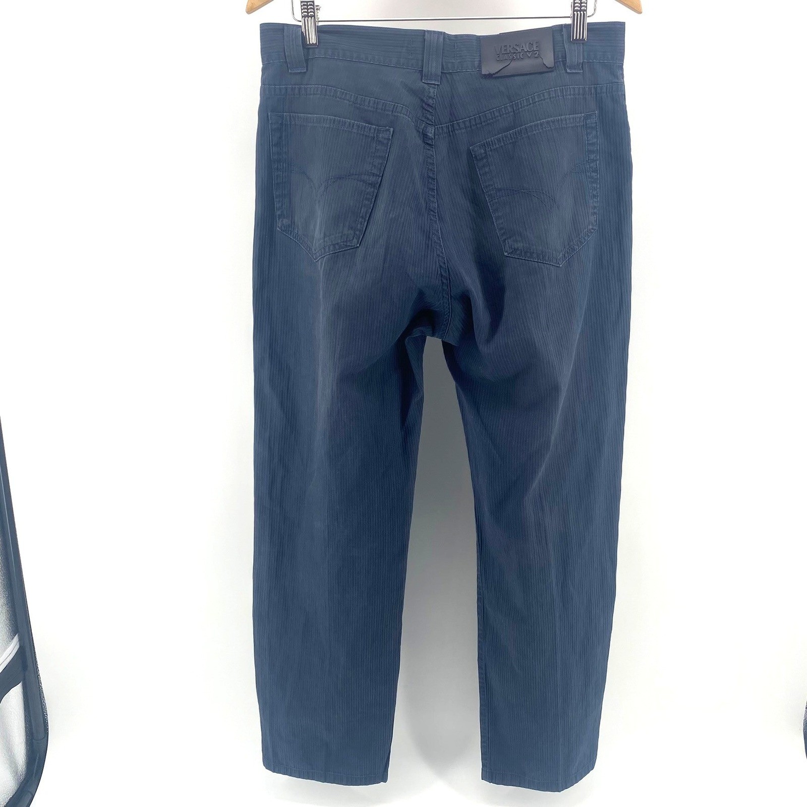 Versace Classic V2 Navy Blue Pinstripe Cotton Jeans Mens 34x31 Straight Leg 90s thumbnail 5
