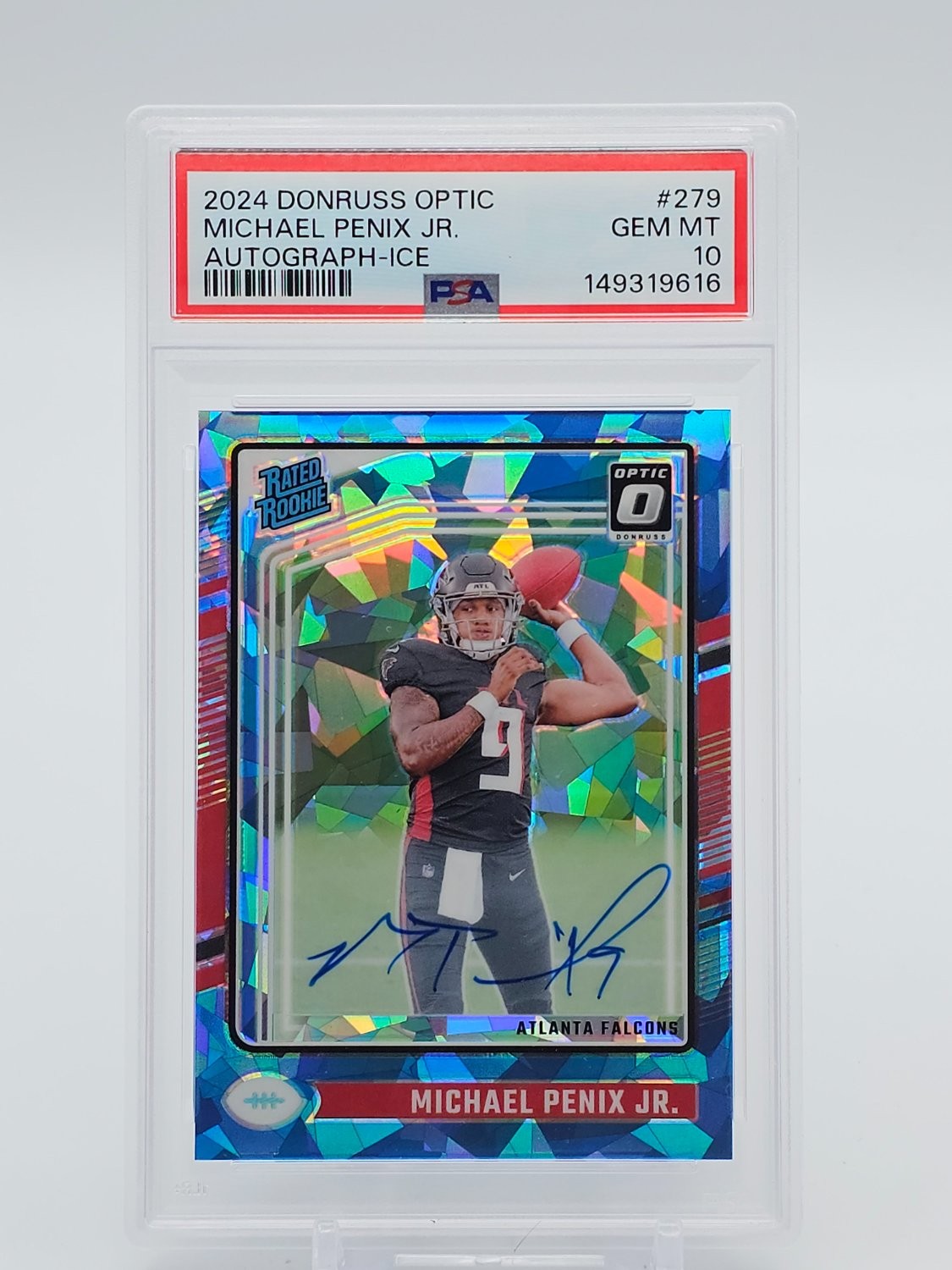 MICHAEL PENIX JR. 2024 DONRUSS OPTIC RATED ROOKIE BLUE ICE AUTO /15 PSA 10 Q3855