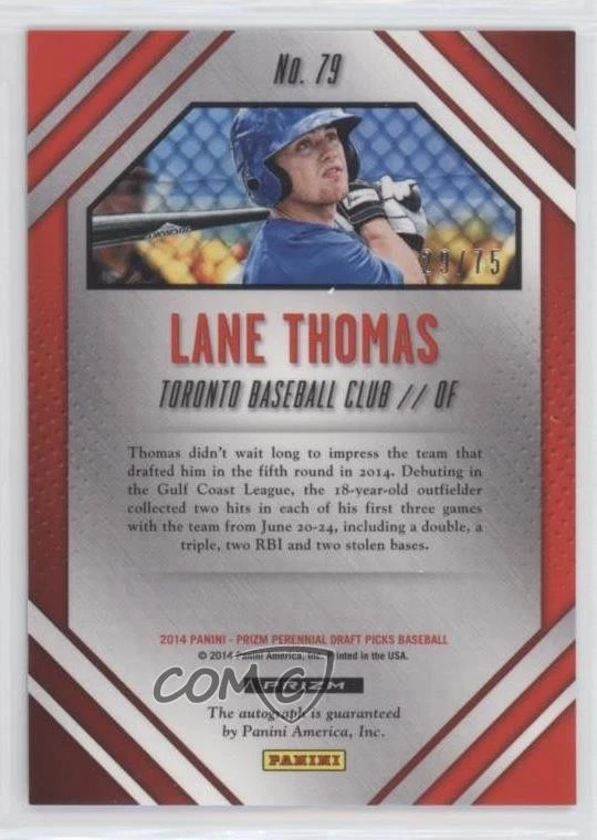 2014 Panini Prizm Perennial Draft Picks Blue Mojo /75 Lane Thomas #79 Auto - Image 2 of 2