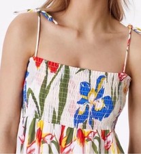 36 Tory Burch Iris Smocked Floral Midi Dress White Red Blue M Pristine