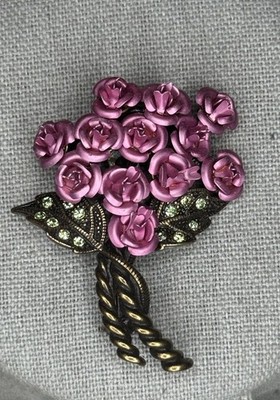 Vtg Avon Nina Ricci Dozen Metallic Pink Rose Bouquet Pin Brooch Green Rhinestone