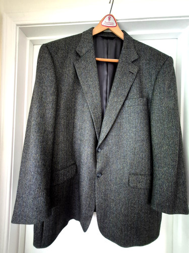 Burberry, Vintage Burberry Herringbone Tweed Blazer Sport Coat Grey Wool Made in USA 46R