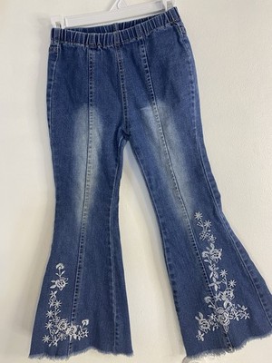 Western Boutique Denim Floral Embroidered Bell Bottom Jeans Girls Size 7