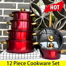 12 Piece Cookware Set Nonstick Pots and Pans Home Kitchen Cooking Non Stick Red