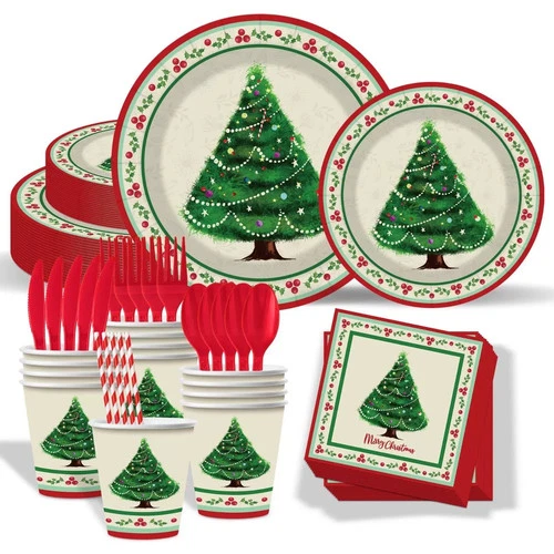 400 Pc Christmas Party Red Green Retro Plates Cups Dinnerware Set for 50 Guests Opens in a new window or tab