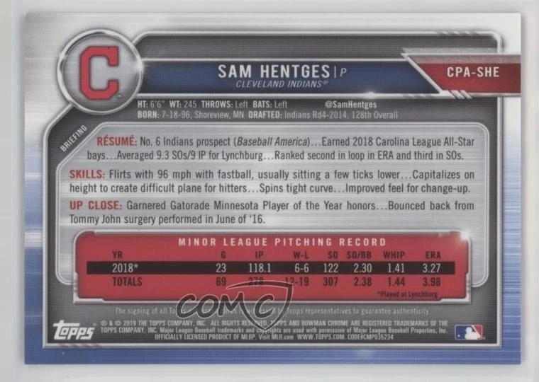 2019 Bowman Chrome Prospects Purple Refractor /250 Sam Hentges #CPA-SHE Auto - Image 2 of 2