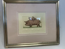 Rachel Badeau Mom Pig & Piglets Hand-Colored Embossed Etching Signed Framed