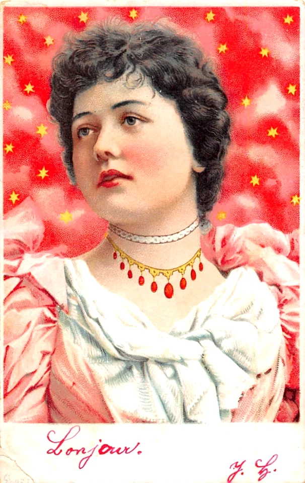 Artist Signed Portrait of Lovely Girl with Red Background - – Vintage Postcard - image 1 of 1
