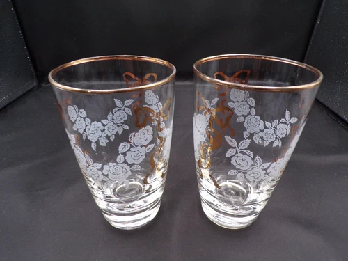 2 Vintage Libbey Rare Etched Roses Gold Trim & Bows Beverage Glasses 5-1/4" D25