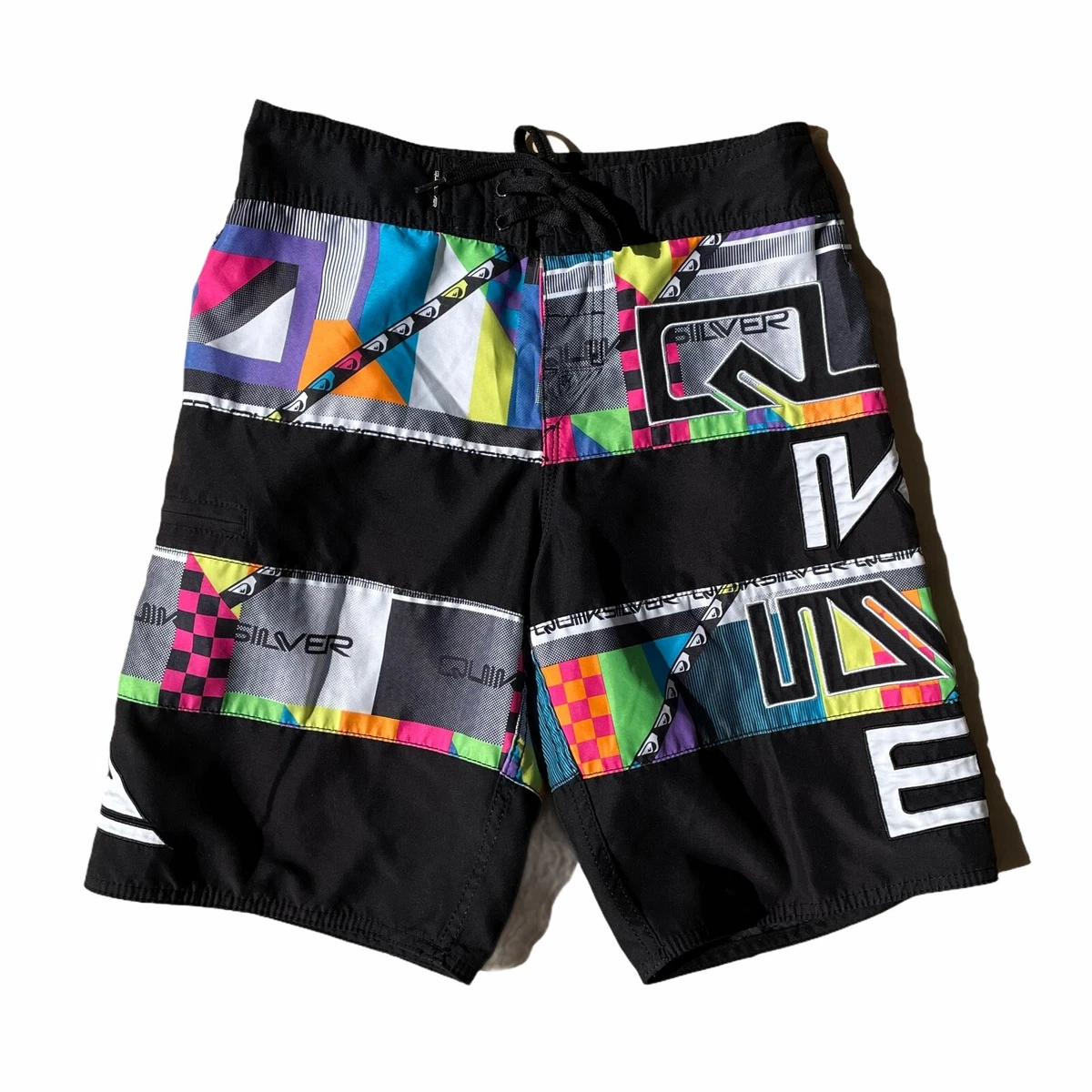 VTG 90s Quicksilver Neon Checkered Surf Swim Board Shorts Waist 27 Spellout