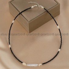 3mm Faceted Black Spinel Round Gems Beads Natural White Rectangle Pearl Necklace