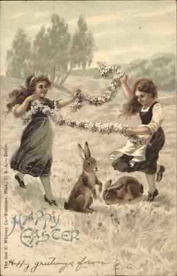 Easter Geo Whitney Fantasy Little Girls Flower Wreath Rabbits c1910 Postcard